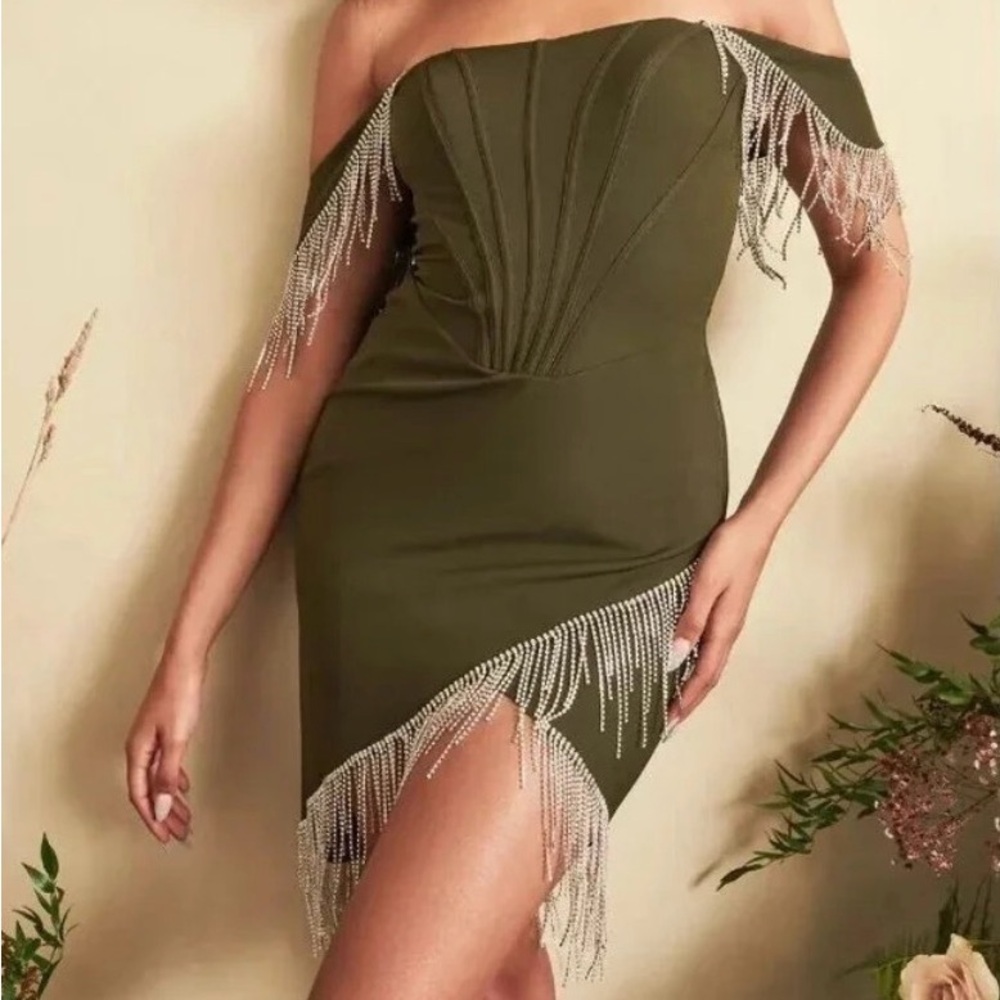 Olive Off-Shoulder Fringe Midi Dress